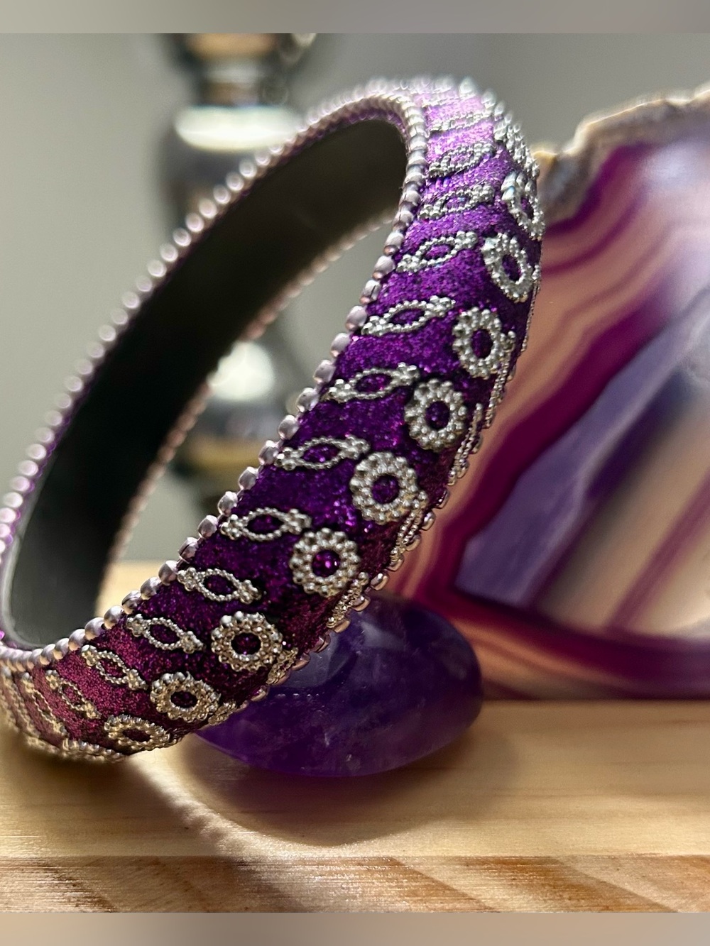 Purple Beaded Decorative Bangle Bracelet - Silver & Purple